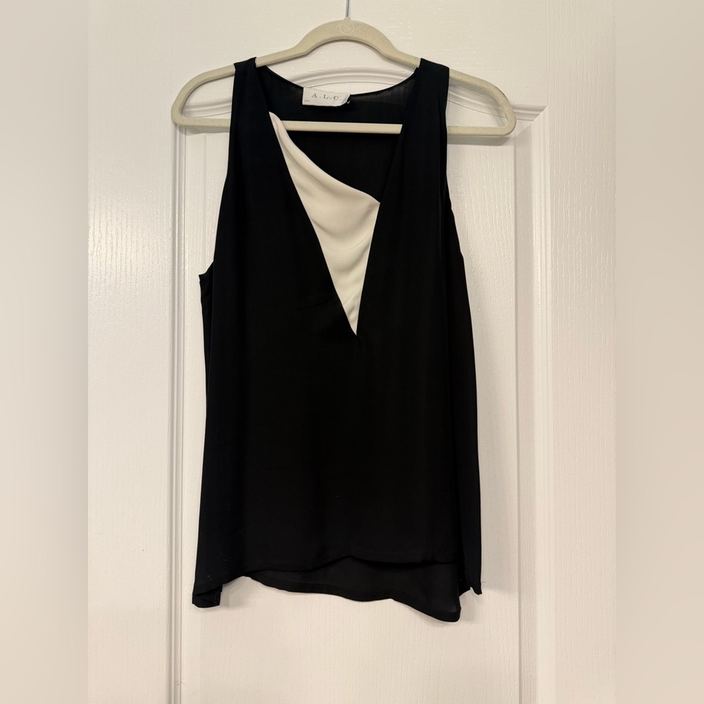 A.L.C. Silk Black & Cream V-Neck Blouse | Two-Way Wear | Size Large